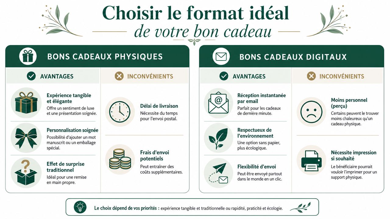 Tableau comparatif des avantages et inconvénients des bons cadeaux physiques par rapport aux bons cadeaux digitaux.