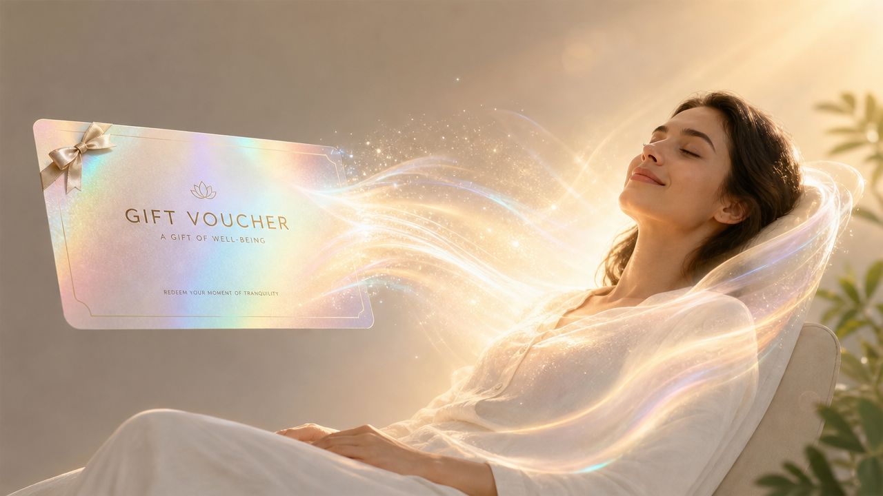 Une femme détendue recevant une énergie lumineuse provenant d'un bon cadeau élégant pour un moment de bien-être.