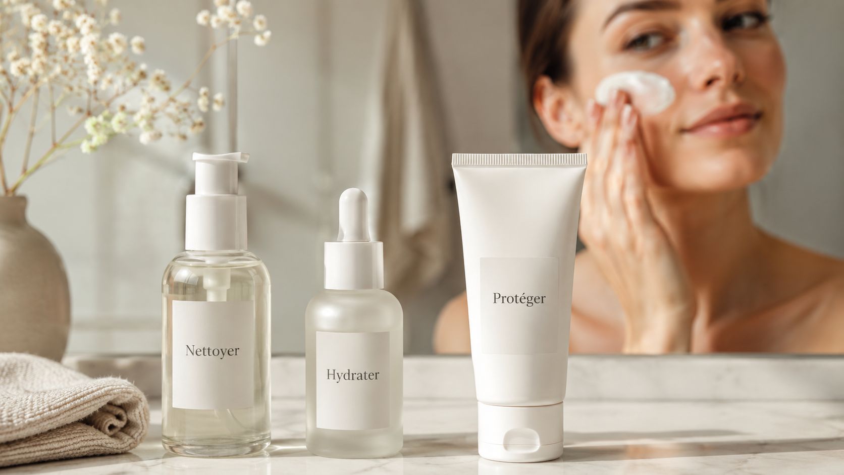 Trois produits de soin pour la peau avec des étiquettes minimalistes devant une femme se nettoyant le visage.