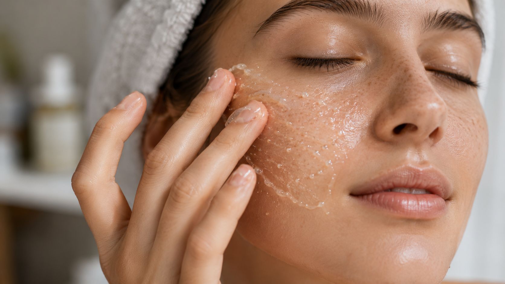 Une jeune femme avec une serviette sur la tête applique délicatement un soin exfoliant sur son visage.