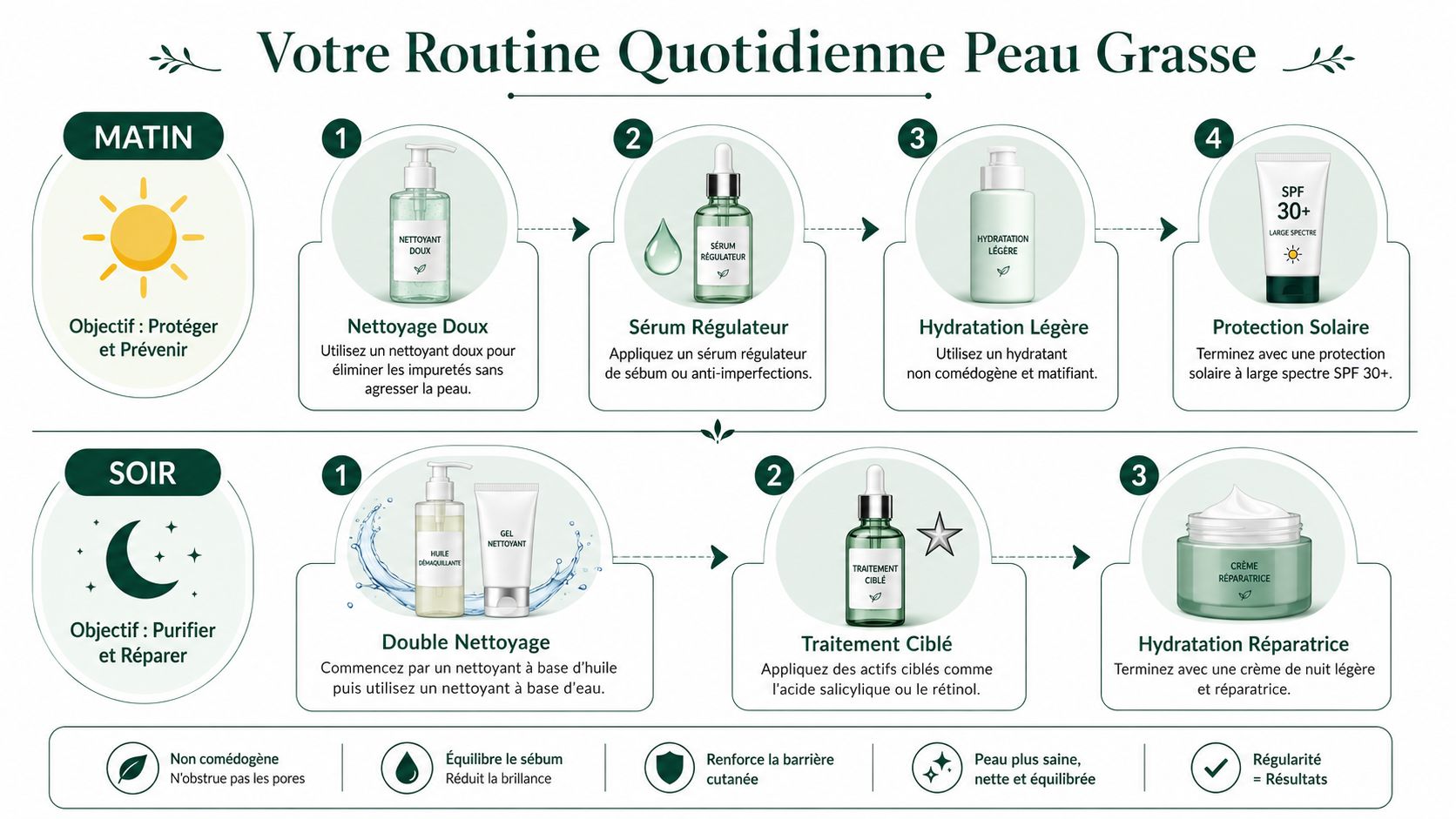 Infographie illustrant une routine de soins quotidienne complète pour le matin et le soir des peaux grasses.