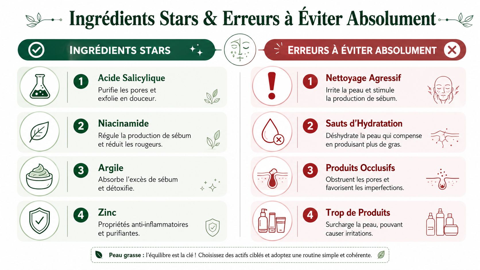 Infographie présentant les ingrédients stars et les erreurs à éviter pour le soin de la peau grasse.
