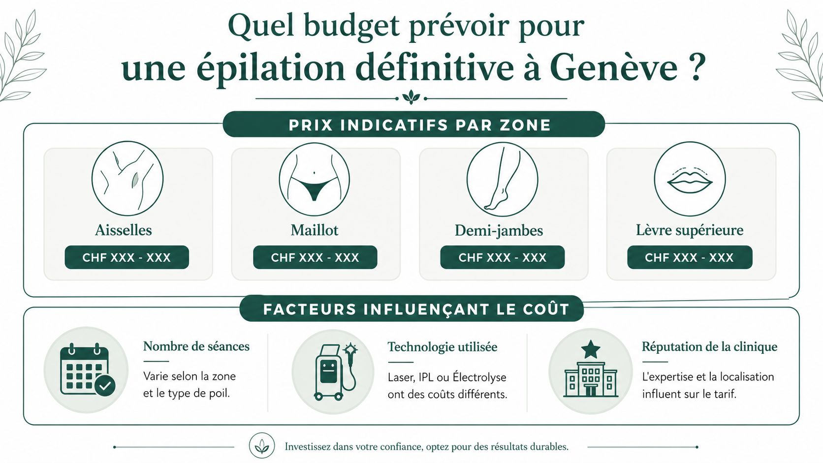 Infographie illustrant les facteurs et les zones pour le coût d'une épilation définitive à Genève.