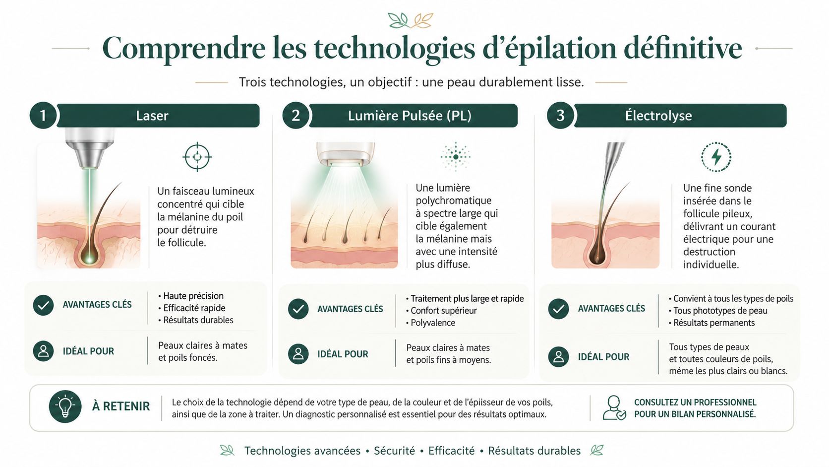 Infographie comparant les trois technologies d'épilation définitive : le laser, la lumière pulsée et l'électrolyse pour la peau.