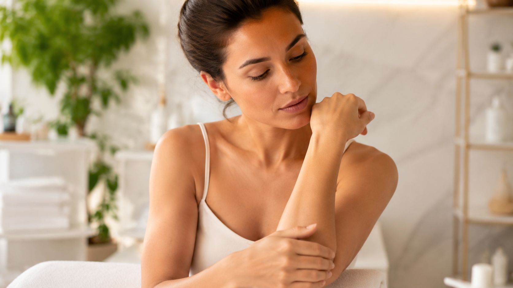 Une femme aux soins de la peau examine son bras dans un environnement de spa lumineux et apaisant.