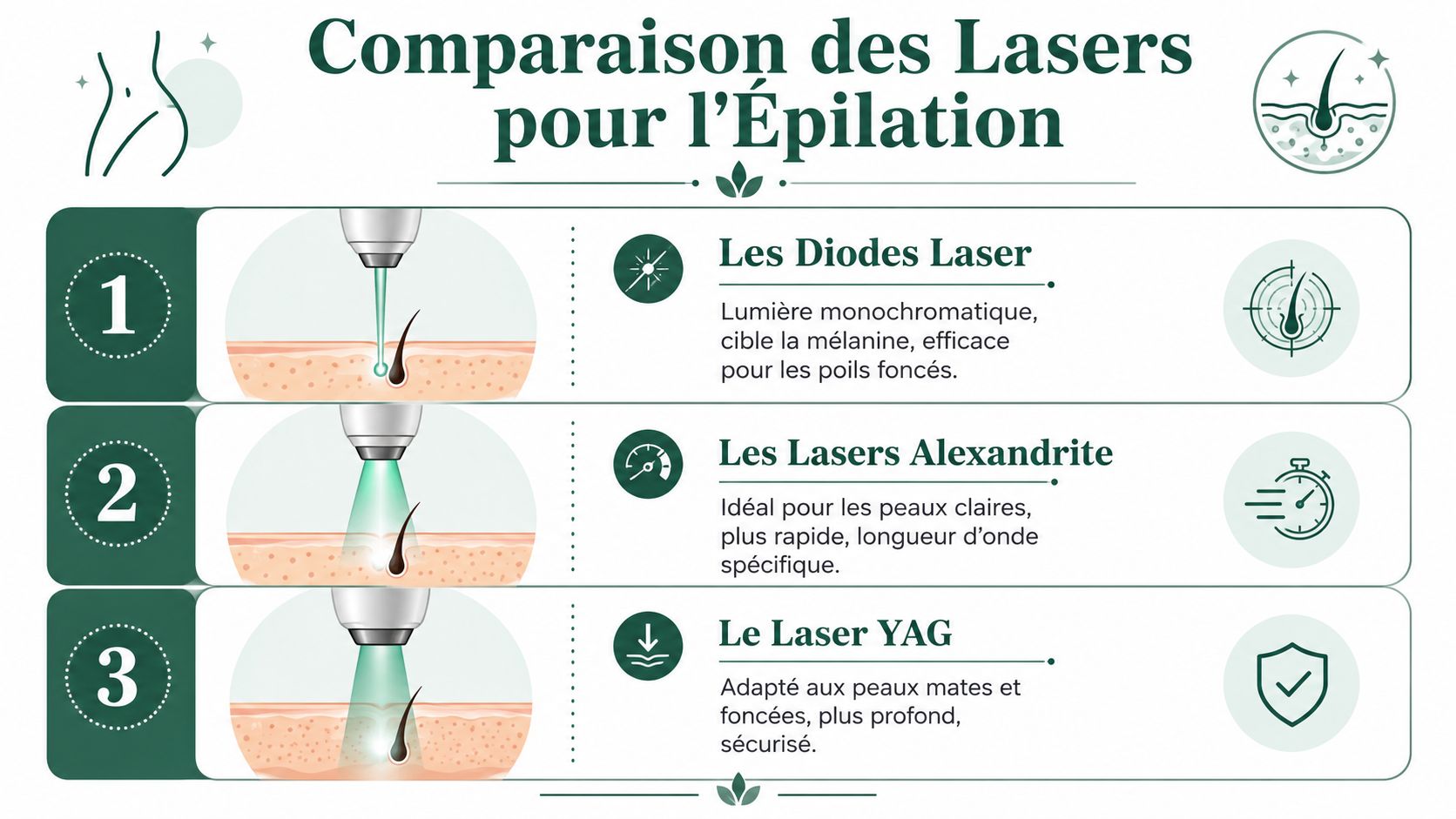 Comparaison visuelle des trois principaux types de lasers utilisés pour les traitements d'épilation définitive chez les patients.