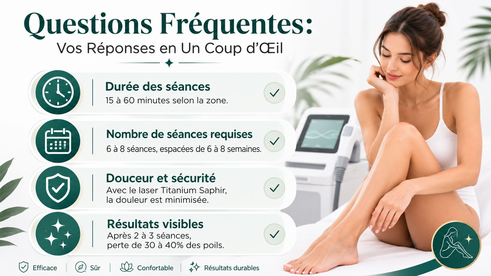 Infographie détaillant les avantages et le processus d'une séance d'épilation laser avec une femme souriante.