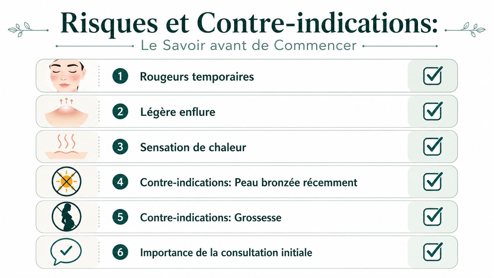 Une liste numérotée présentant les risques potentiels et les contre-indications liés aux traitements par épilation définitive au laser.