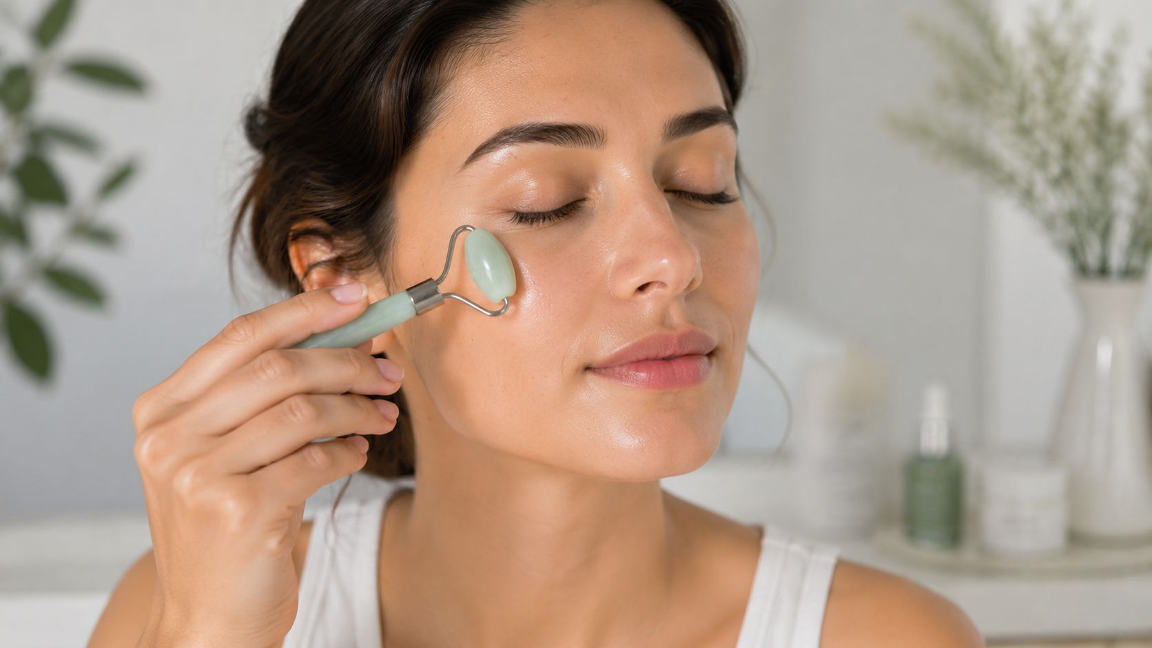 Une femme utilisant un rouleau en jade pour masser délicatement la peau autour de ses yeux.
