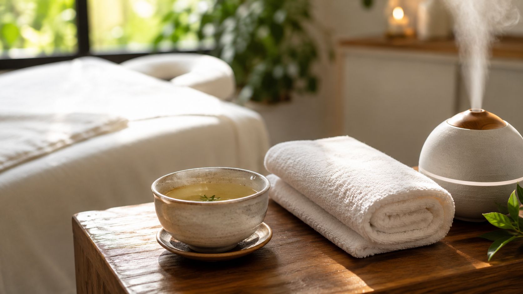 Une tasse de thé, des serviettes pliées et un diffuseur d'huiles essentielles sur une table en bois.
