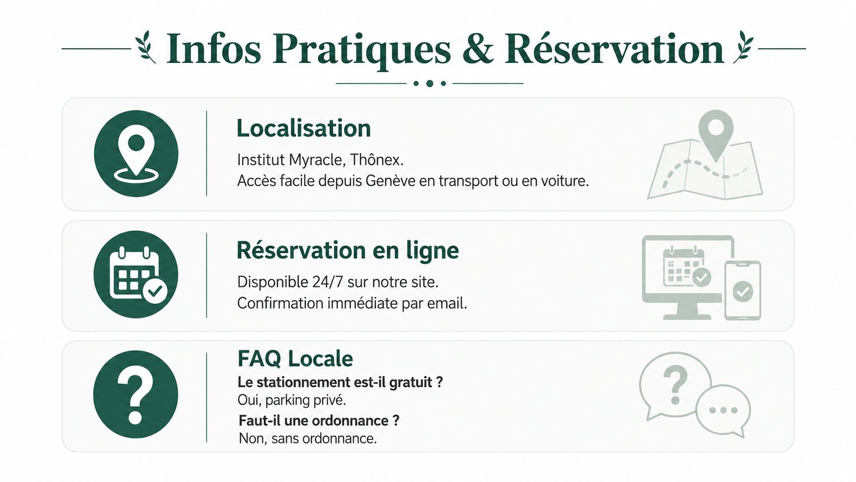 Informations pratiques et modalités de réservation pour l'Institut Myracl à Thônex, accessible depuis Genève.