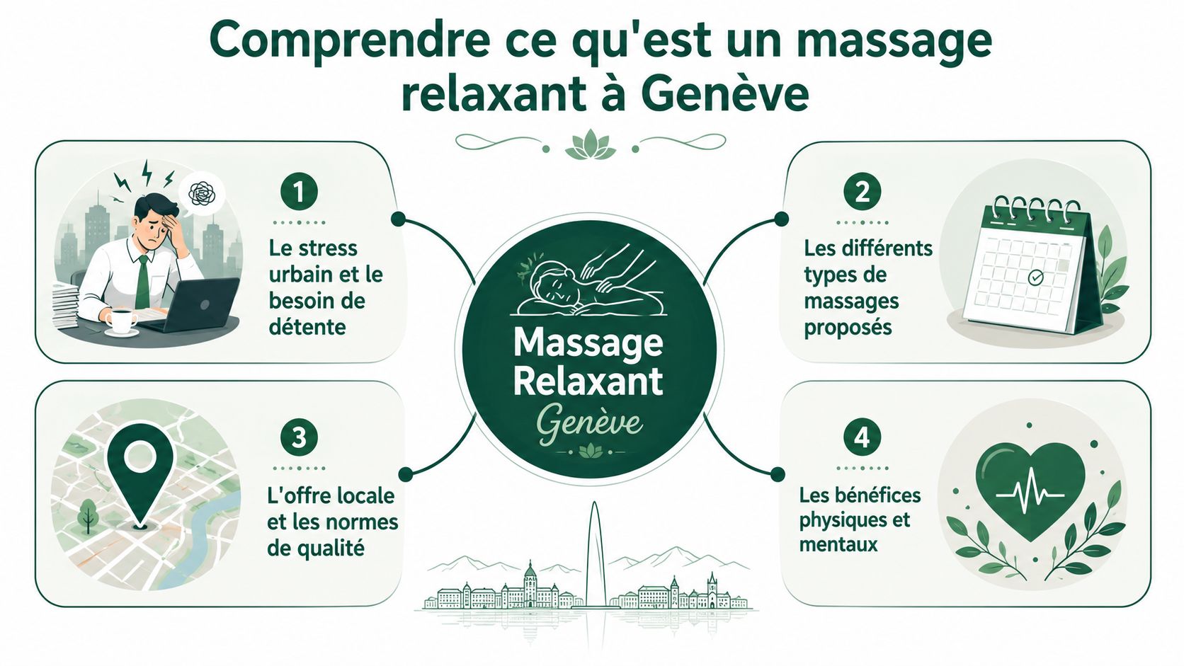 Infographie illustrant les aspects essentiels d'un massage relaxant à Genève, incluant stress, types, qualité et bienfaits.