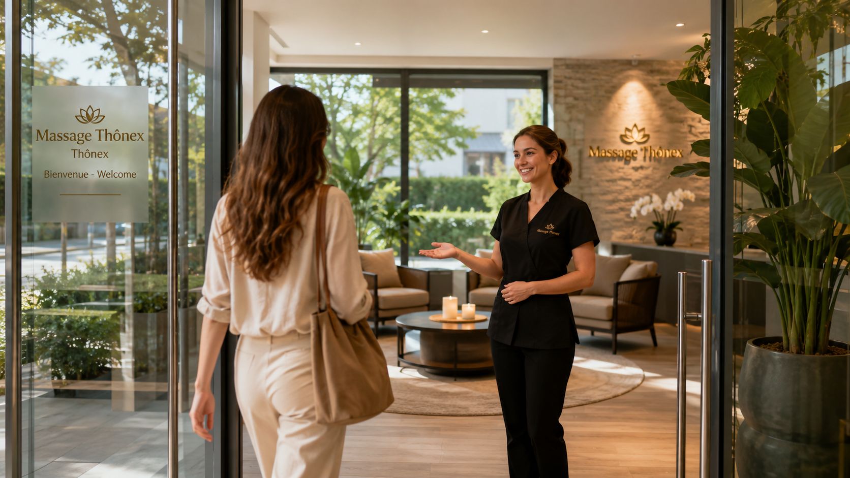 Une réceptionniste accueillante sourit à une cliente qui entre dans un salon de massage moderne et élégant.