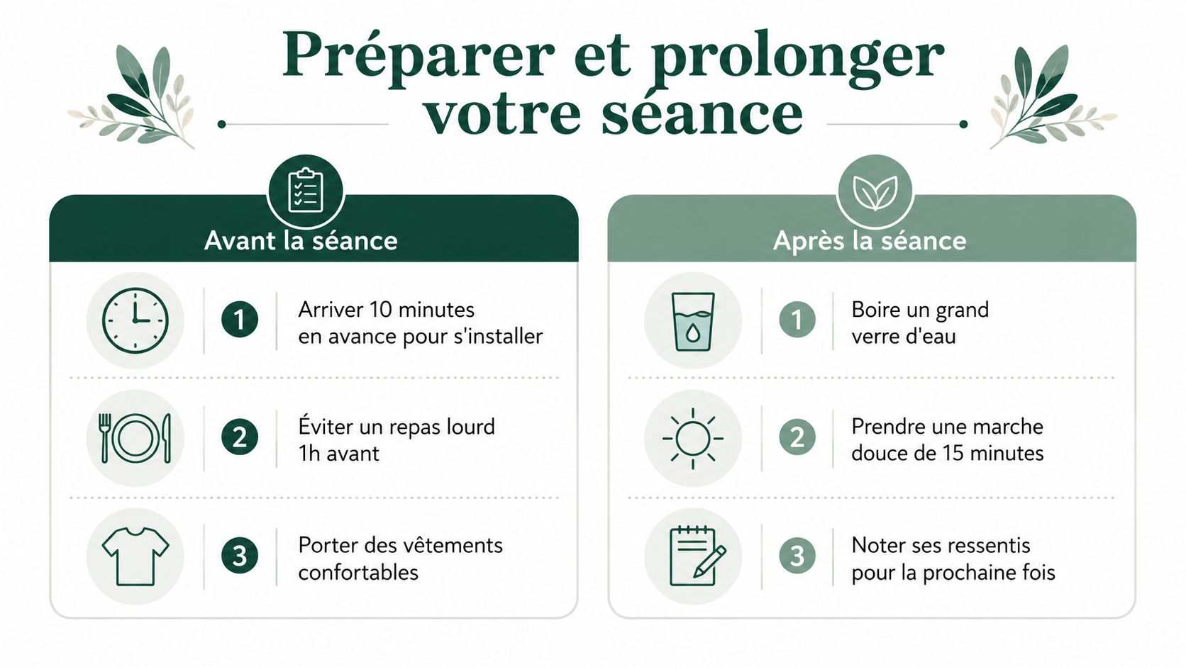 Infographie présentant des conseils pratiques pour bien préparer et prolonger une séance de bien-être ou de massage.