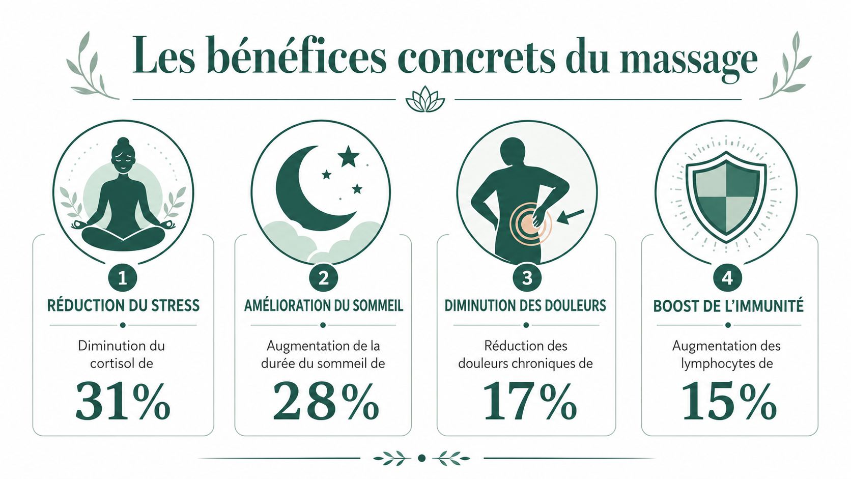 Infographie présentant les quatre bénéfices concrets du massage sur la santé physique et mentale avec des statistiques.