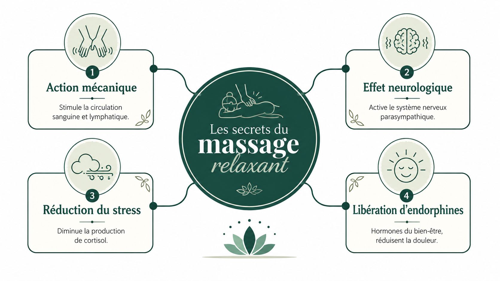 Une infographie montrant les quatre bienfaits principaux du massage relaxant pour la santé physique et mentale.