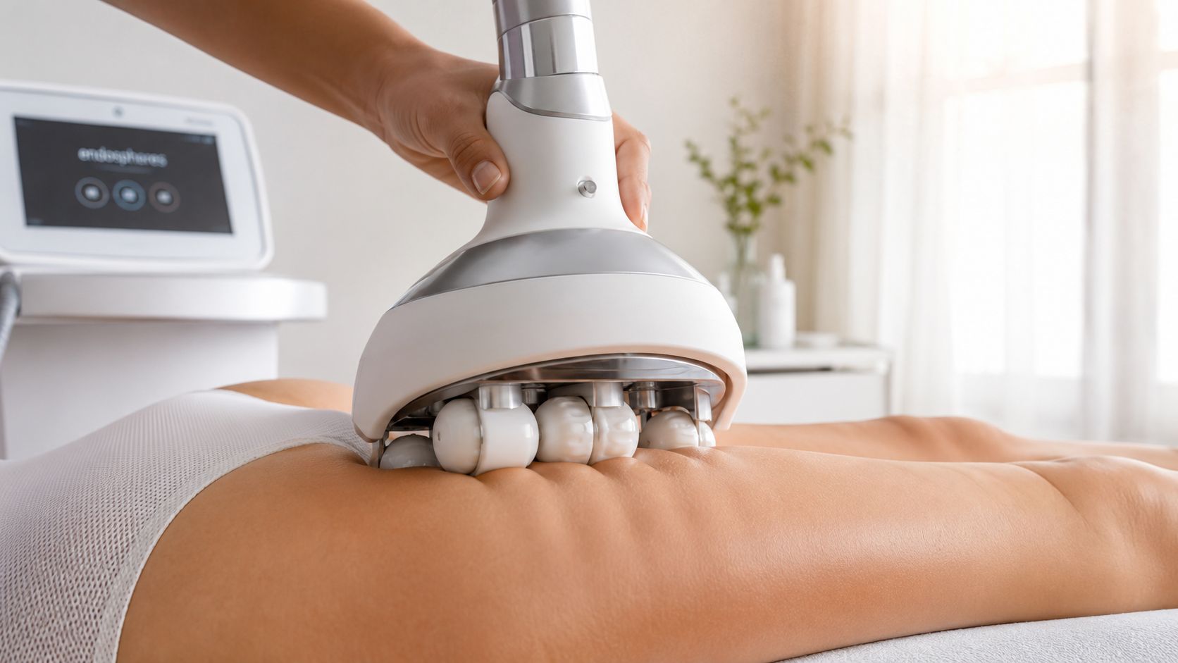 Une professionnelle effectue un traitement de modelage corporel par endermologie sur les cuisses d'une cliente.