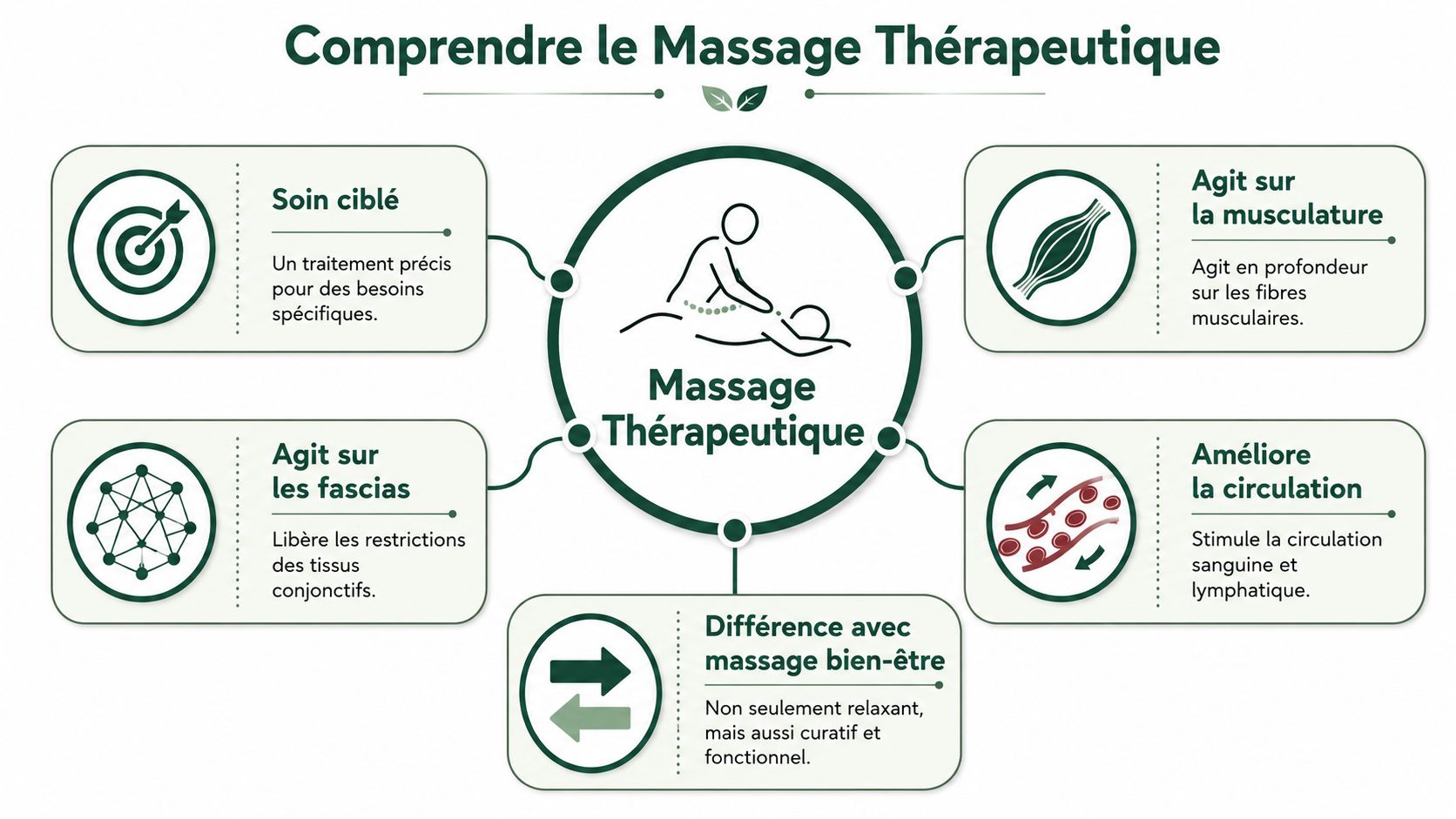 Infographie illustrant les bienfaits et les caractéristiques principales du massage thérapeutique pour le corps humain.