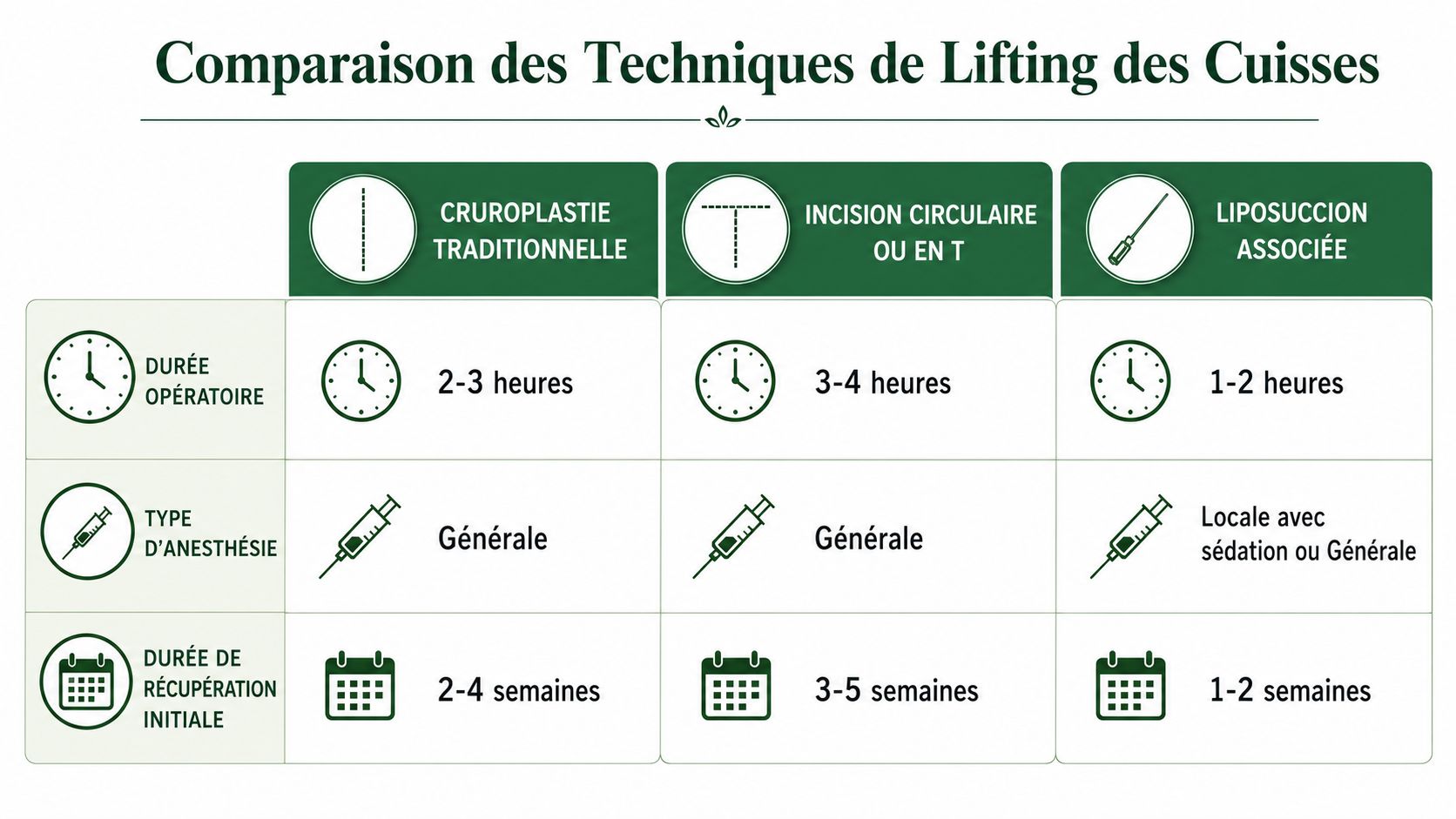 Tableau comparatif des techniques de lifting des cuisses détaillant la durée opératoire, l'anesthésie et la récupération.