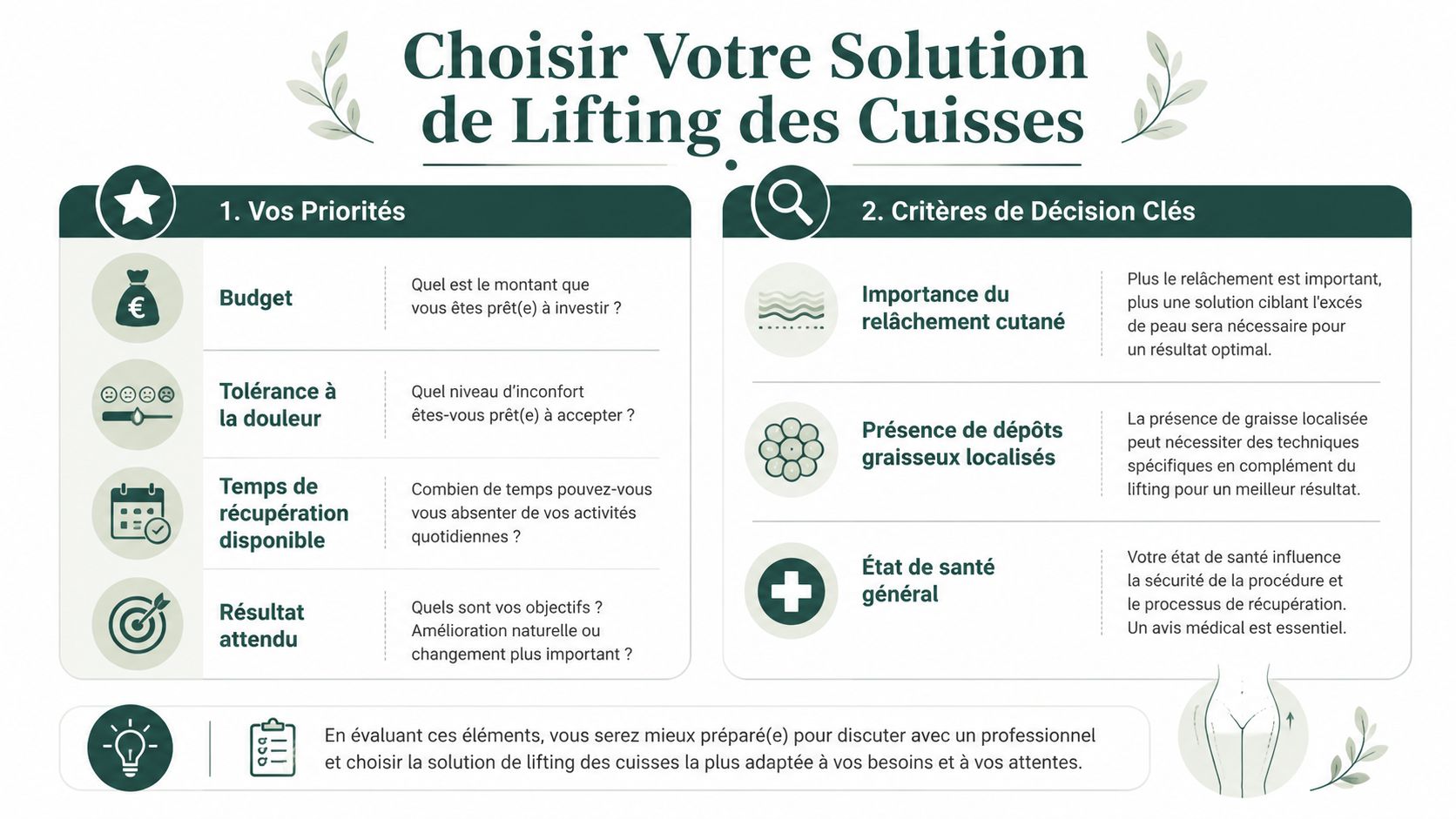 Infographie présentant les critères de décision pour choisir une intervention de lifting des cuisses de manière éclairée.