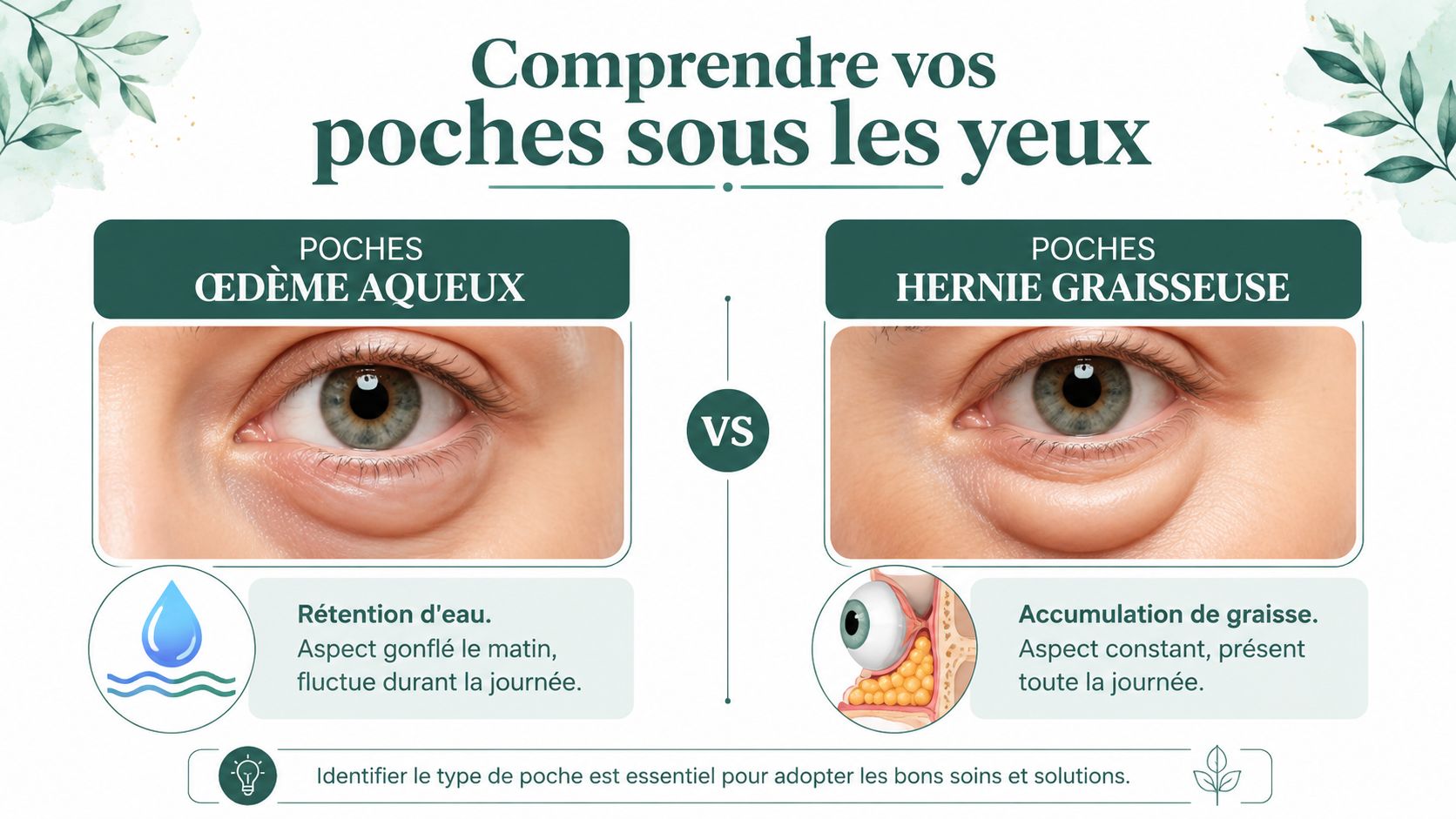 Comparaison visuelle entre les poches sous les yeux dues à la rétention d'eau et à la graisse.