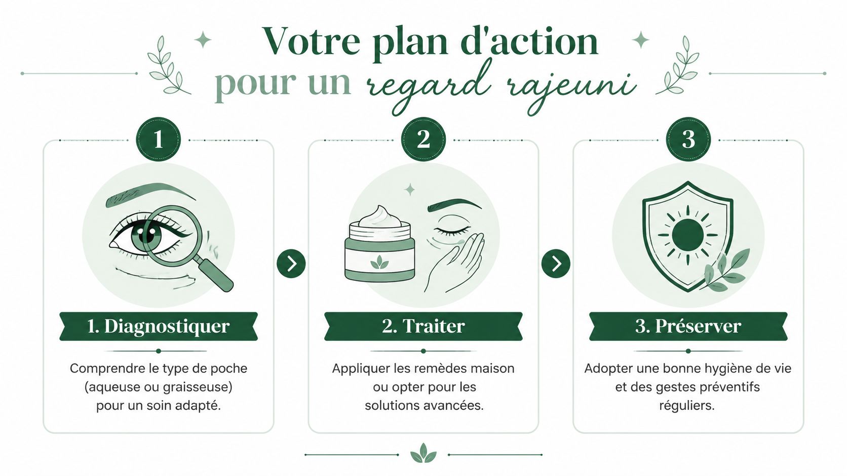 Infographie illustrant un plan d'action en trois étapes pour réduire les poches sous les yeux au quotidien.