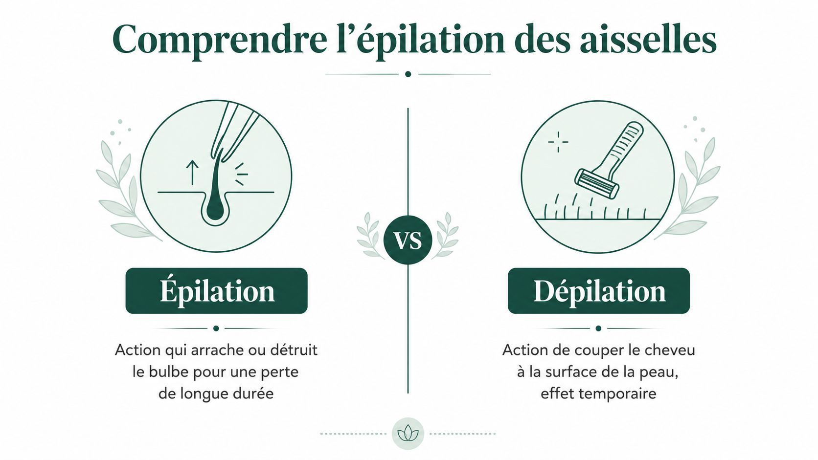 Comparaison infographique entre l'épilation et la dépilation pour bien comprendre les différences de méthodes d'entretien des aisselles.