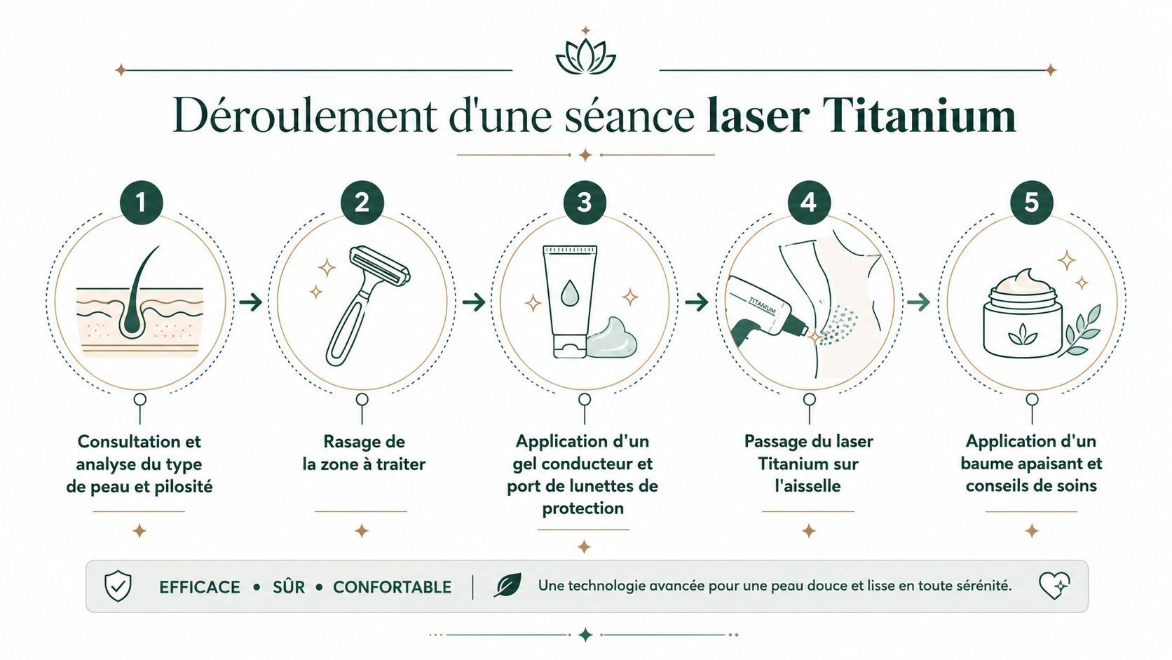 Infographie illustrant les cinq étapes d'une séance d'épilation laser Titanium, de la consultation aux soins post-traitement.