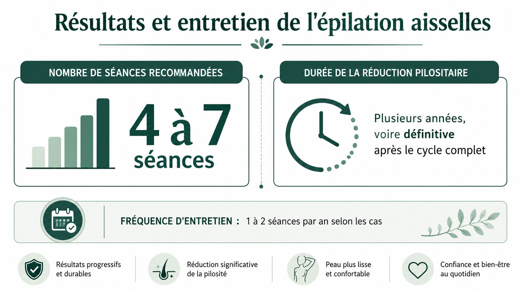 Infographie illustrant le nombre de séances, la durée et l'entretien pour l'épilation laser des aisselles.