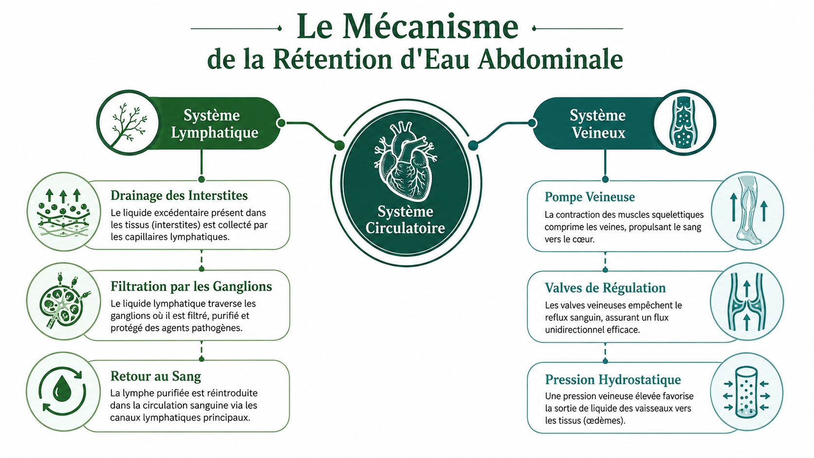 Schéma explicatif montrant le rôle du système lymphatique et veineux dans le mécanisme de rétention d'eau abdominale.