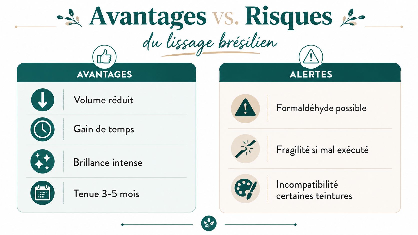 Tableau comparatif des avantages et des risques potentiels liés au traitement capillaire du lissage brésilien.