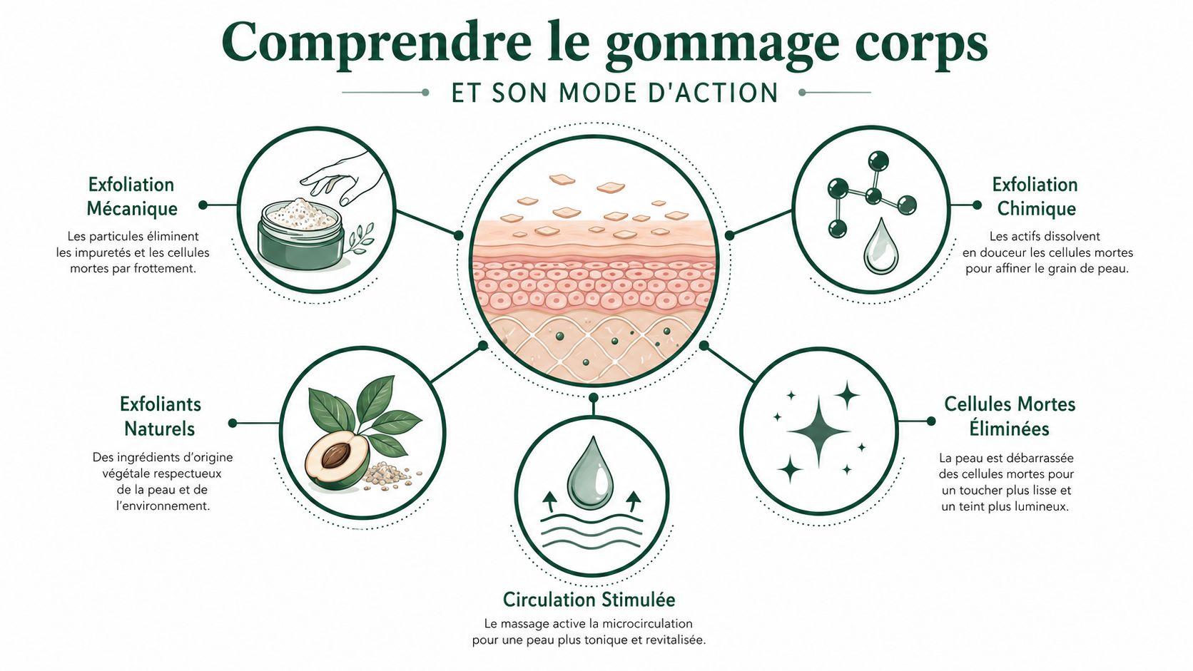 Infographie pédagogique expliquant le mode d'action, les différents types d'exfoliation et les bienfaits du gommage corps.