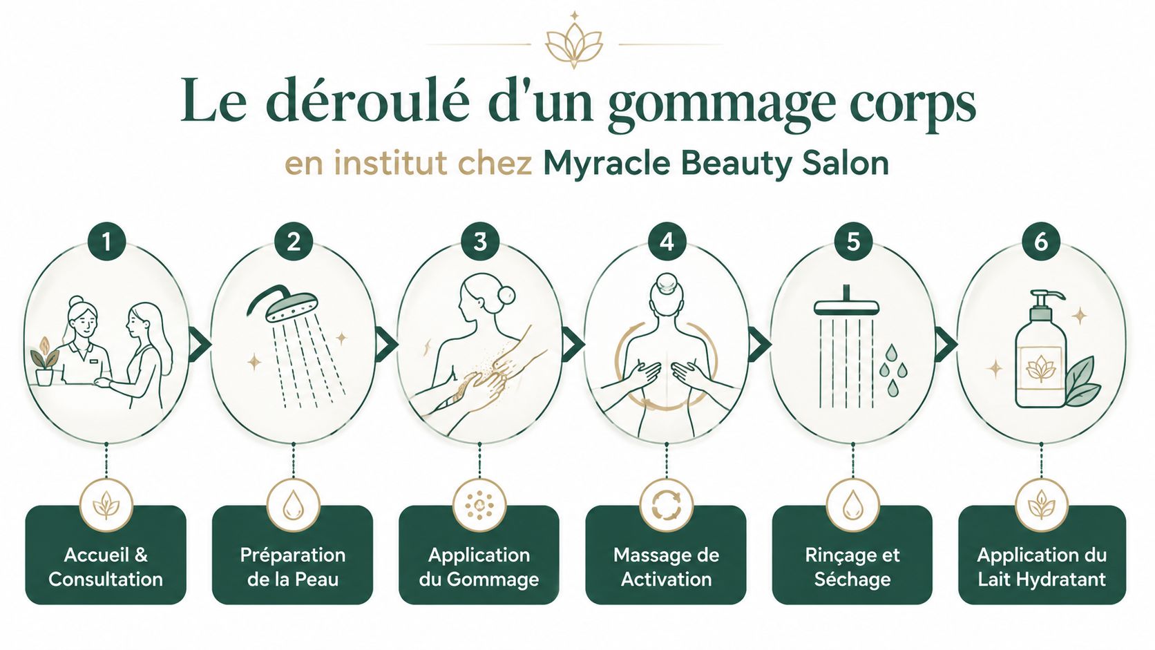 Infographie illustrant les six étapes du déroulement d'un gommage corps professionnel chez Myracle Beauty Salon.