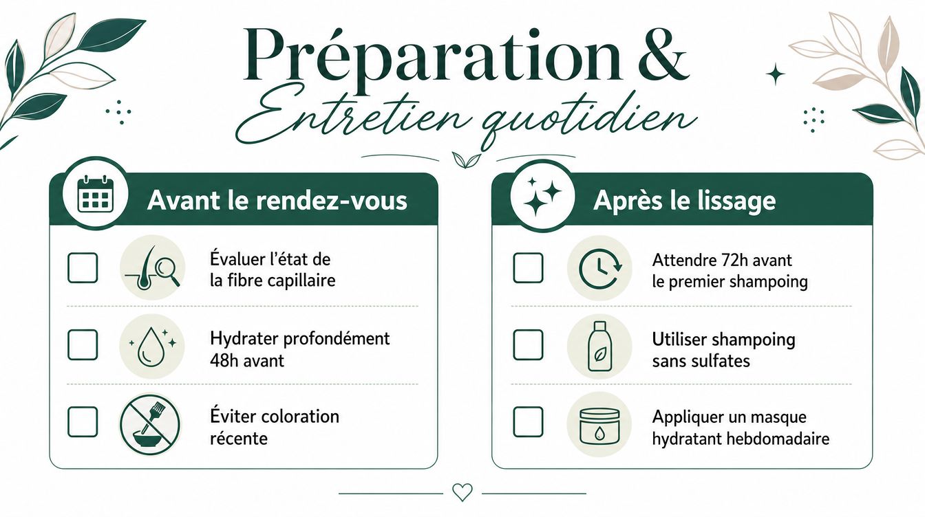 Guide illustré en français pour la préparation avant et l'entretien après un lissage de cheveux.