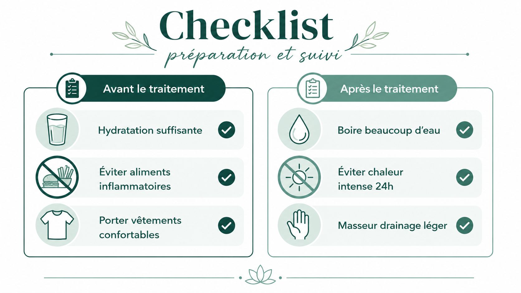 Checklist illustrée pour la préparation et le suivi d'un traitement esthétique, incluant des conseils de soins essentiels.