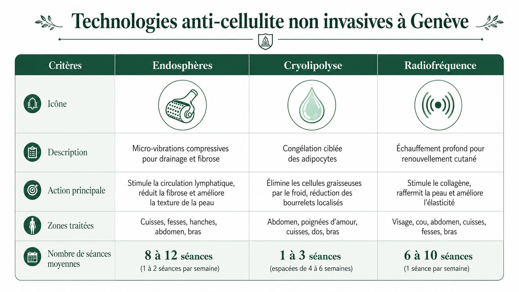 Tableau comparatif des technologies anti-cellulite non invasives disponibles à Genève, incluant Endosphères, Cryolipolyse et Radiofréquence.