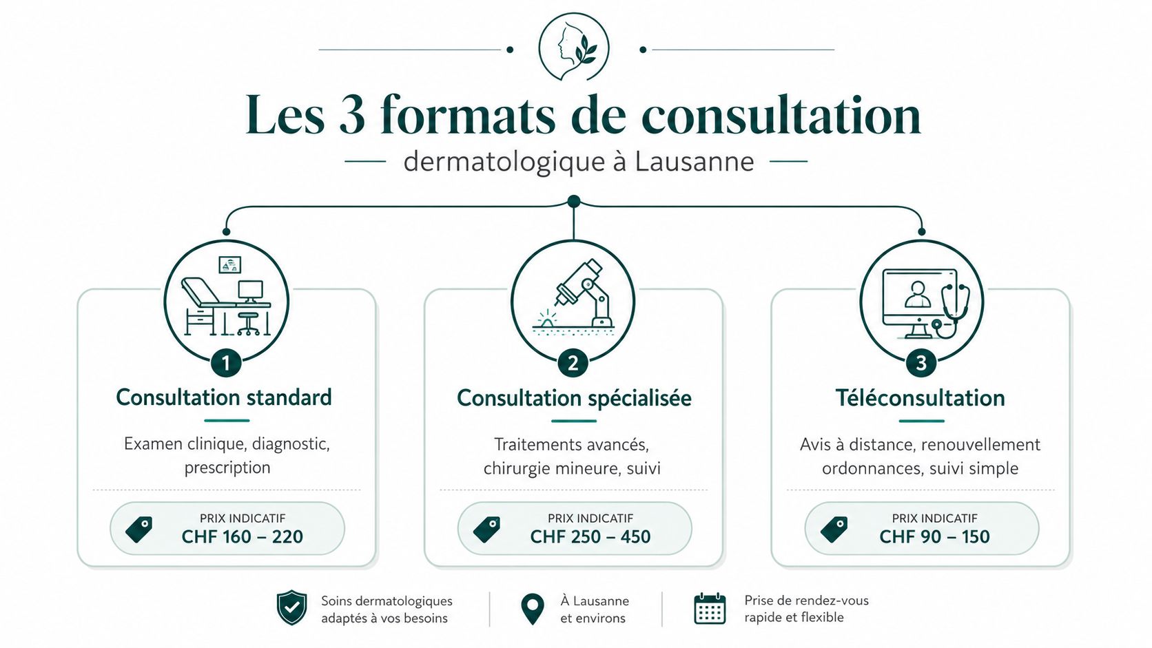 Infographie présentant les trois formats de consultation dermatologique disponibles à Lausanne avec leurs tarifs indicatifs respectifs.