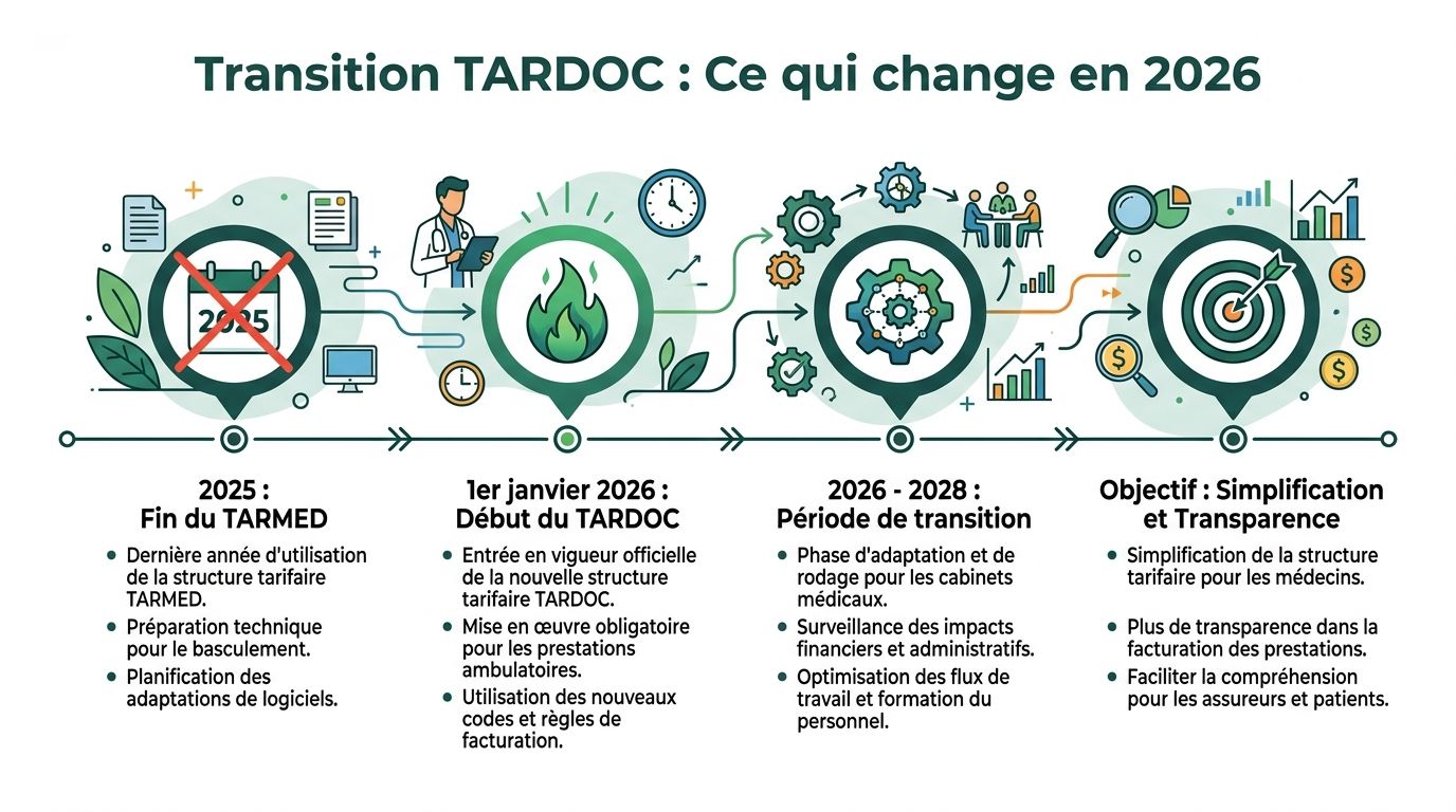 Infographie illustrant la transition du système tarifaire TARMED vers TARDOC pour les médecins en Suisse en 2026.