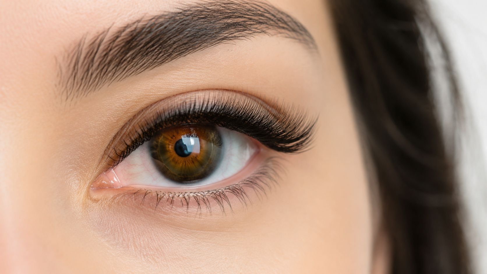 Gros plan sur un œil humain avec des extensions de cils soignées et un regard maquillé naturel.