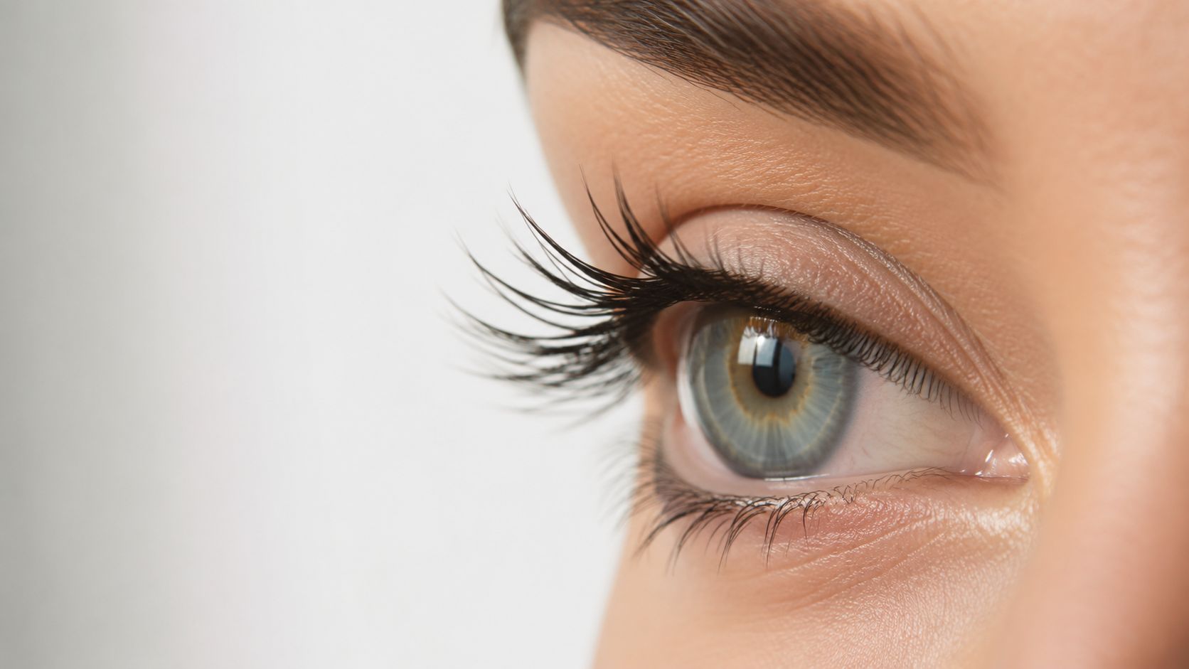 Gros plan sur un œil humain avec de longs cils bien définis mis en valeur par maquillage