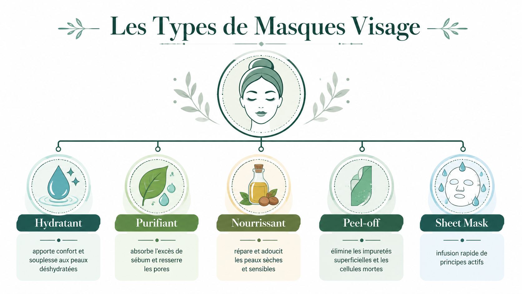 Une infographie illustrée détaillant les différents types de masques pour le visage et leurs bienfaits cutanés spécifiques.