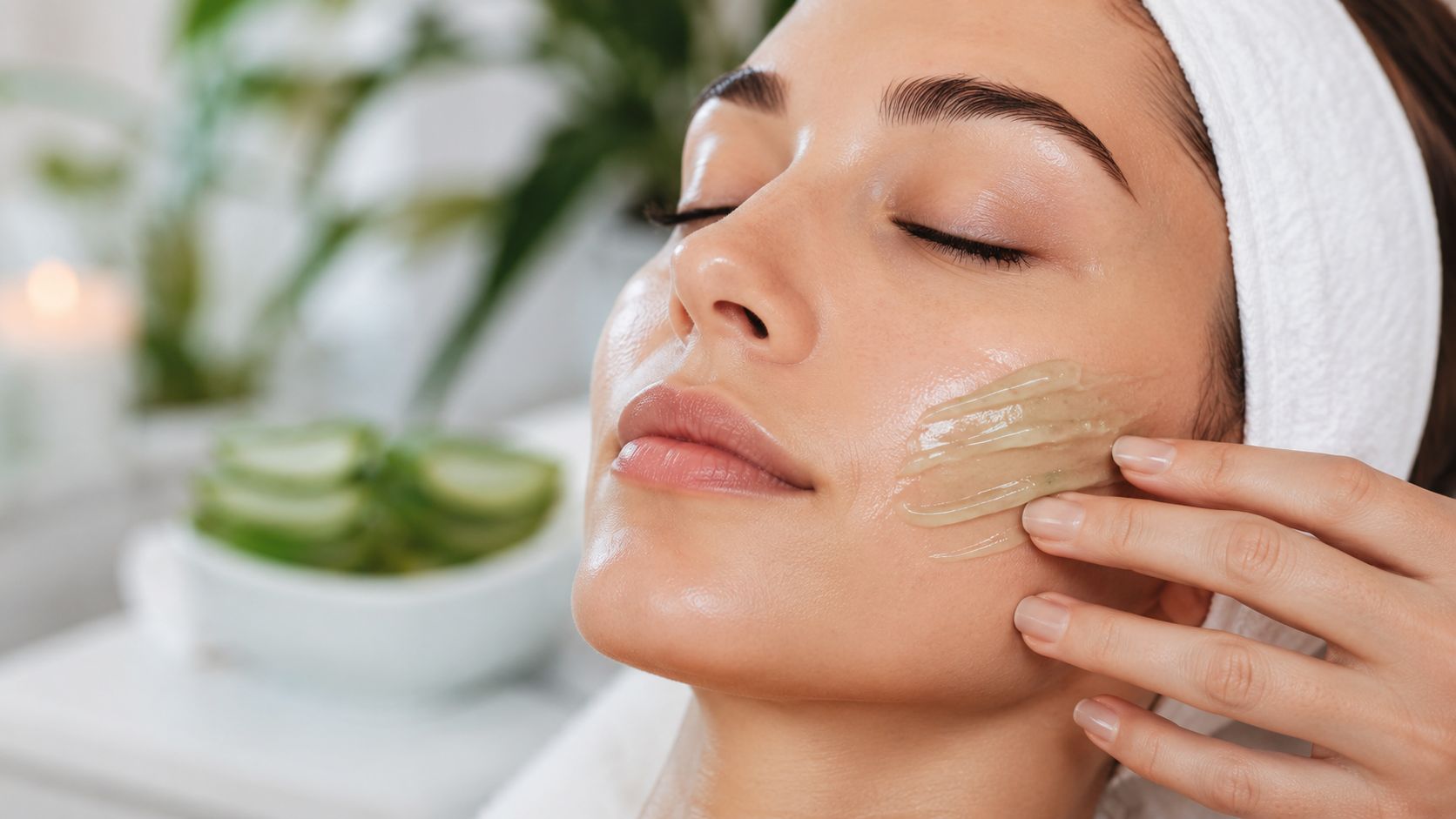 Une femme recevant un soin du visage relaxant avec un masque hydratant dans un spa professionnel.