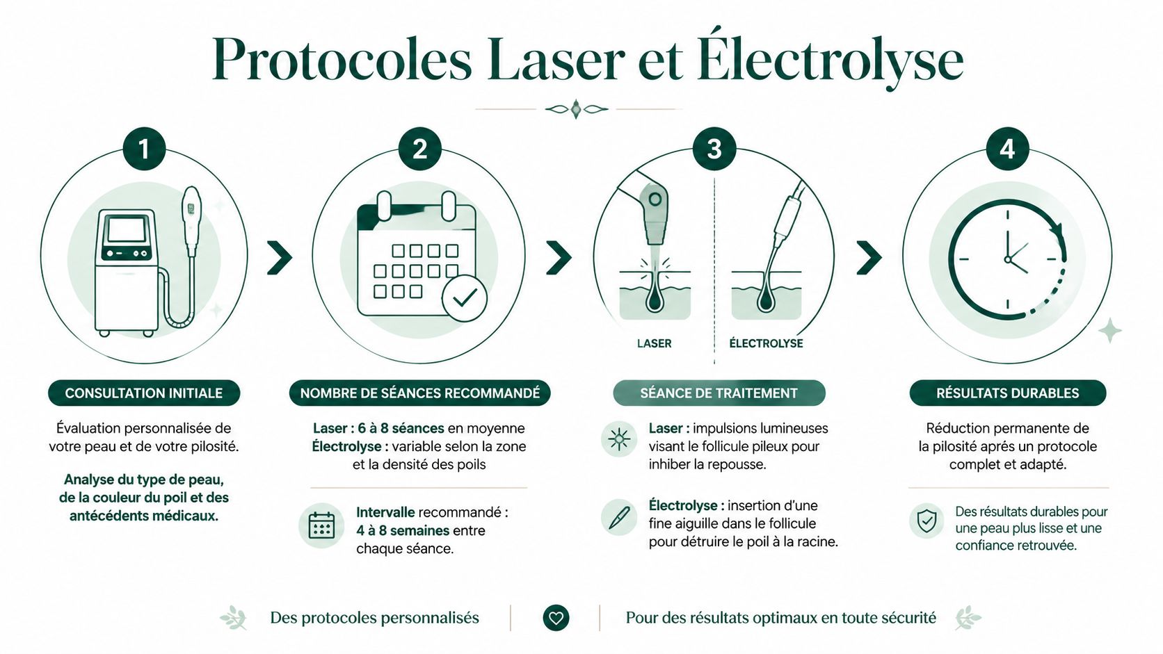 Infographie détaillant les quatre étapes du protocole d'épilation par laser et électrolyse pour des résultats durables.