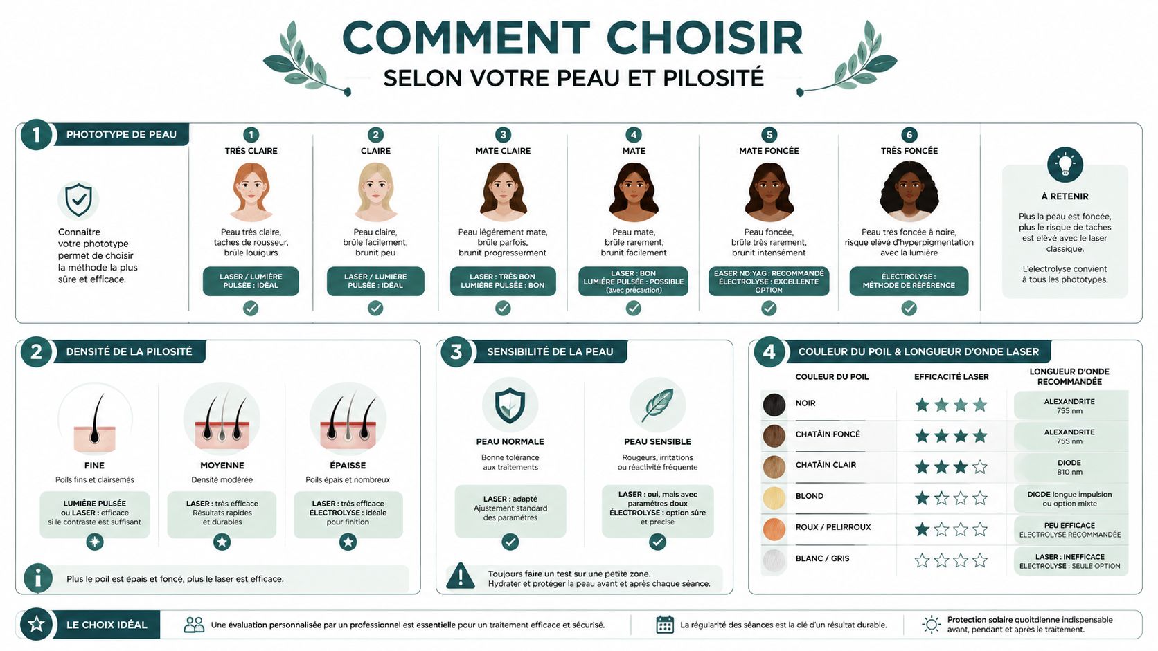 Infographie illustrant le choix de la méthode d'épilation adaptée selon le phototype de peau et la pilosité.