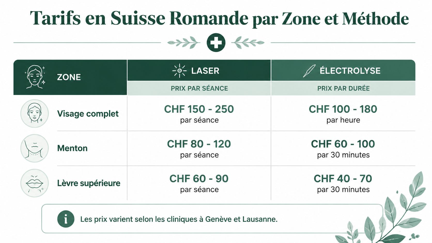 Tableau comparatif des tarifs d'épilation laser et électrolyse pour le visage en Suisse romande.