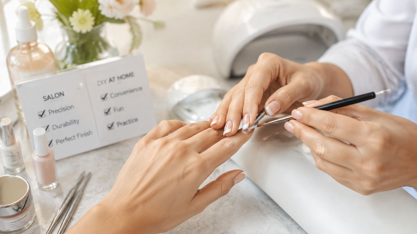 Une esthéticienne professionnelle appliquant une manucure française soignée sur les ongles d'une cliente dans un salon.