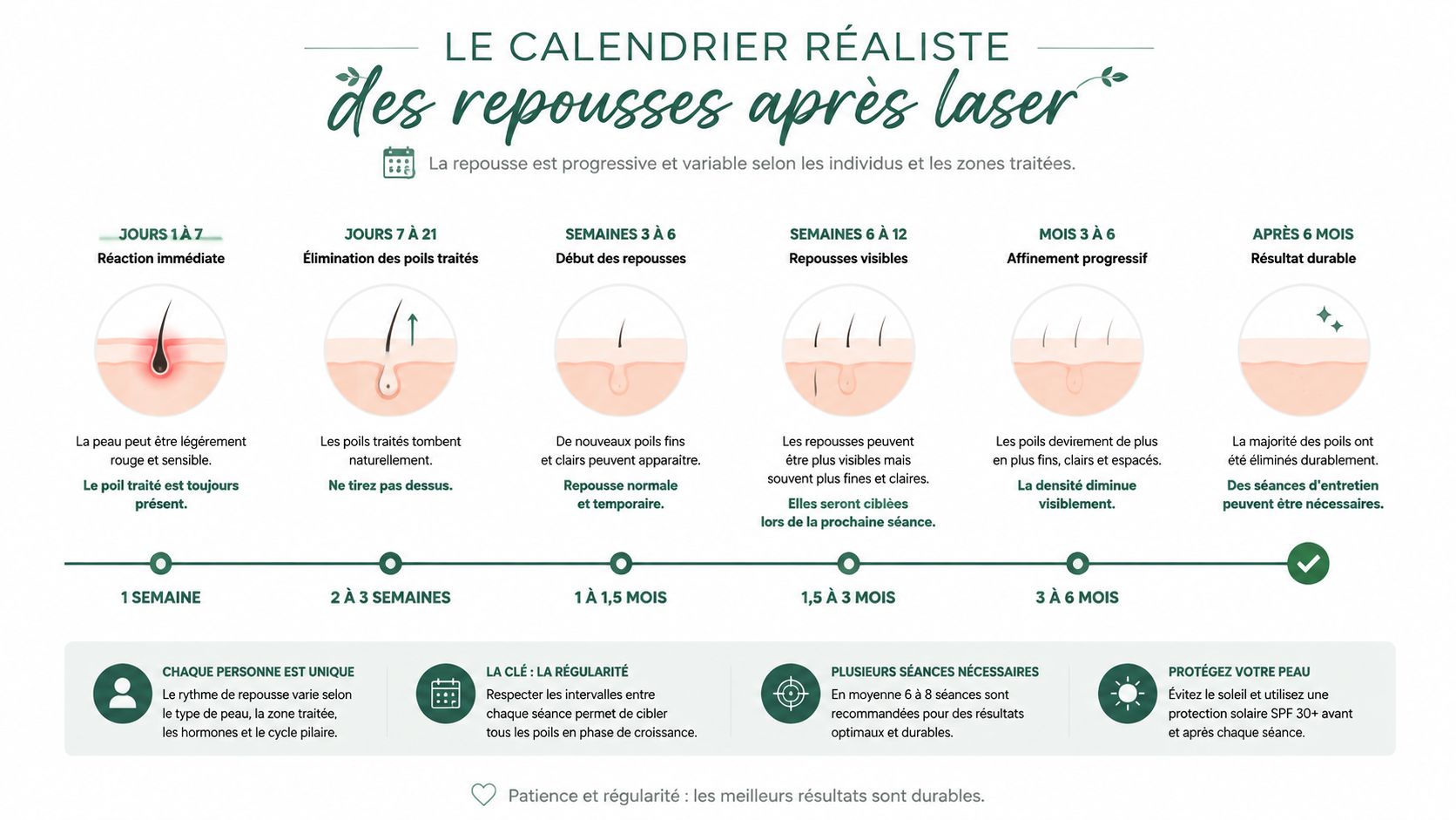Infographie illustrant les étapes réalistes de repousse des poils après une séance d'épilation laser.