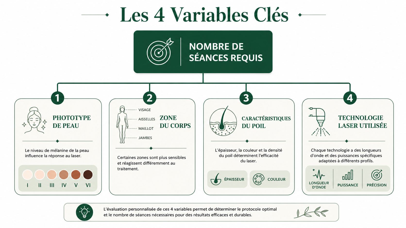 Infographie illustrant les quatre variables clés déterminant le nombre de séances nécessaires pour une épilation laser efficace.