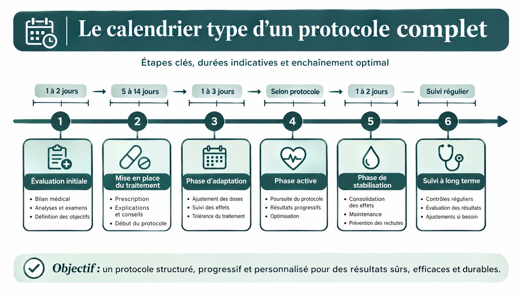 Schéma illustrant les six étapes structurées d'un protocole médical, de l'évaluation initiale au suivi à long terme.