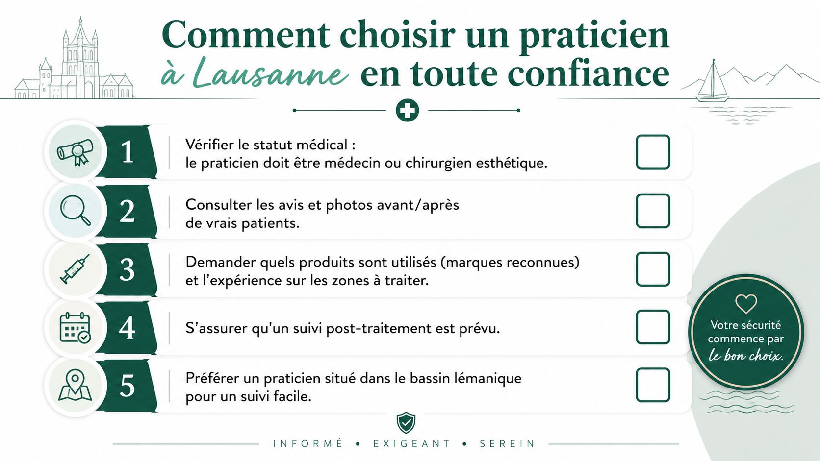 Infographie illustrant cinq étapes clés pour choisir en toute confiance un praticien esthétique à Lausanne.